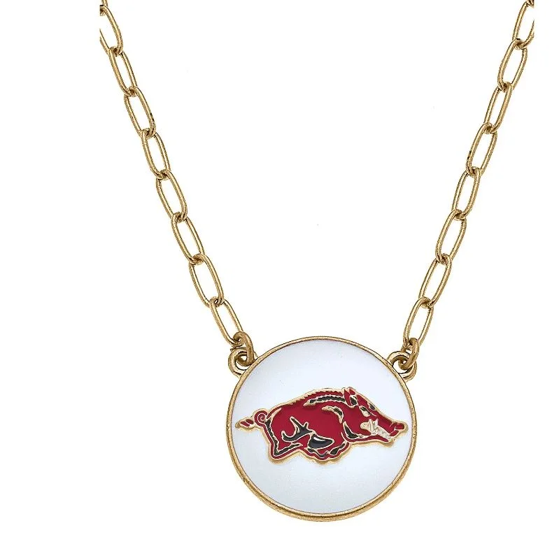 leather cord necklaces for women -Arkansas Razorbacks Enamel Disc Pendant Necklace