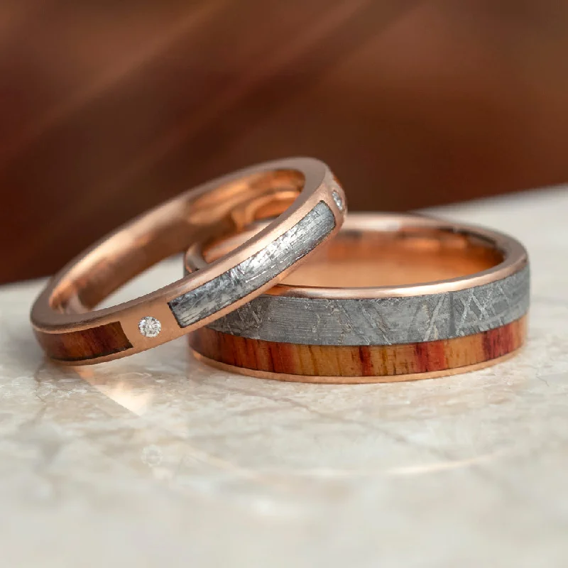 personalized rings for women -Meteorite & Wood Wedding Ring Set, Matching Rose Gold Wedding Bands