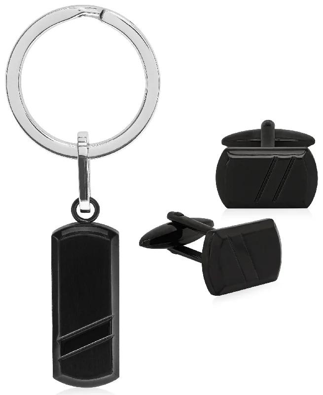 double stone rings -Sutton Black Stainless Steel Stripe Cufflinks and Key Ring Set