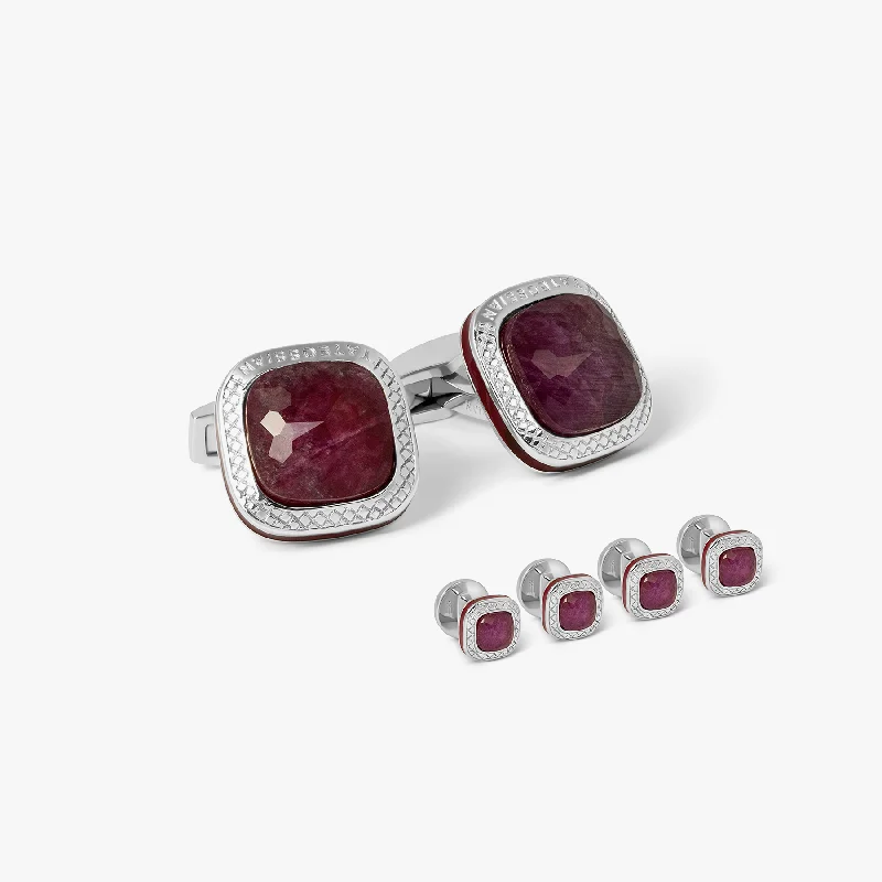 trendy bracelet designs -Doppione Cushion Square Cufflinks And Studs Set With Ruby In Rhodium Silver      