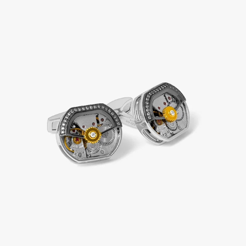 sleek bangles for women -Diamond Tonneau Skeleton Cufflinks In Rhodium Silver (Limited Edition)