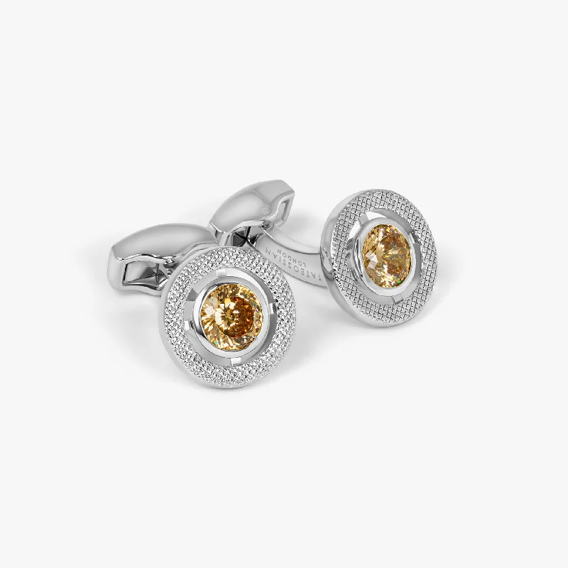 sterling silver bangles -Halo Round CZ Cufflinks With Champagne & Rhodium Plated