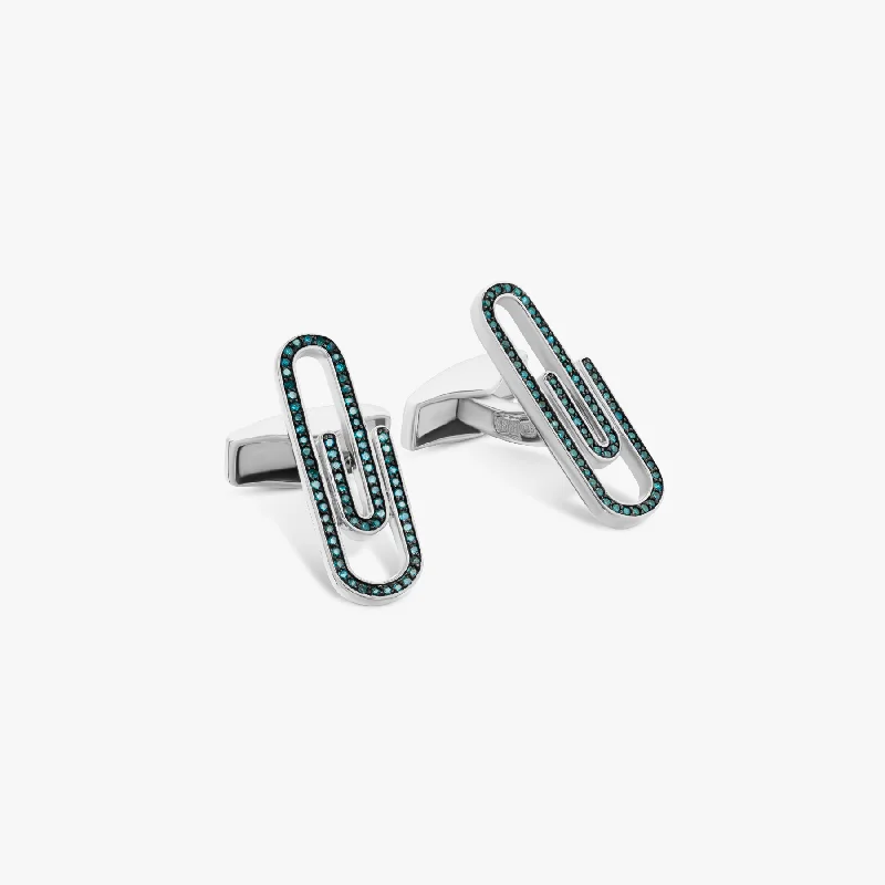 adjustable bracelets for women -Paperclip cufflinks with blue diamond in sterling silver