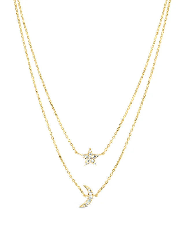 zirconia necklaces for women -Layered CZ Crescent & Star Necklace