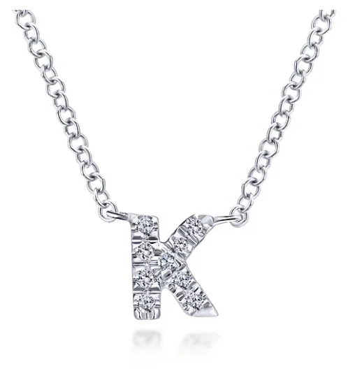 men's style necklaces for women -14K White Gold 0.05cttw SI2 G-H Diamond K Initial Pendant Necklace 17.5" by Gabriel