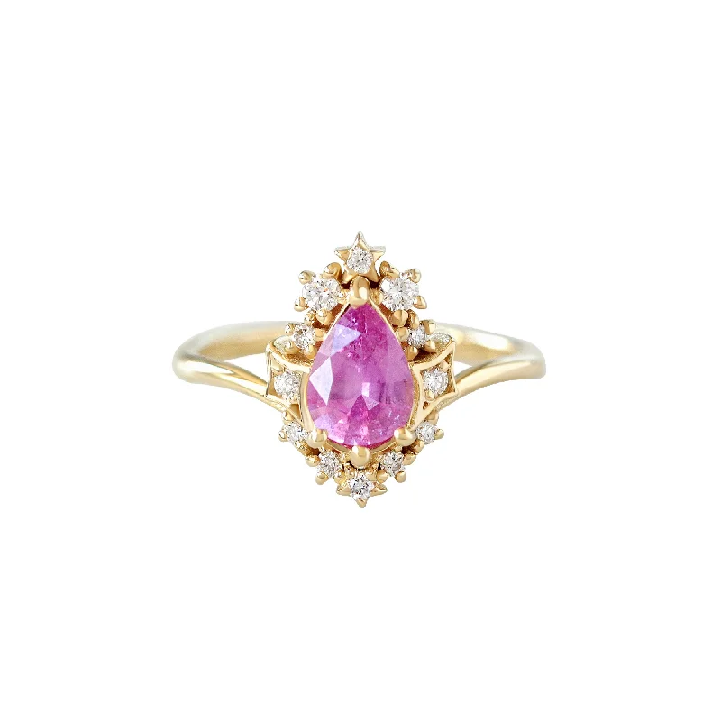 unique gemstone rings for women -Pear Pink Sapphire Celestial Diamond Halo Ring