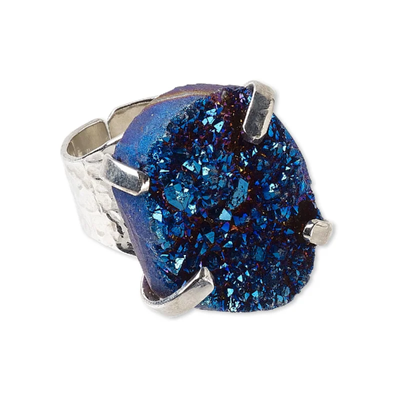 stackable diamond rings -Adjustable Silver Plated Electric Blue Druzy Agate Gemstone Fashion Cocktail Ring