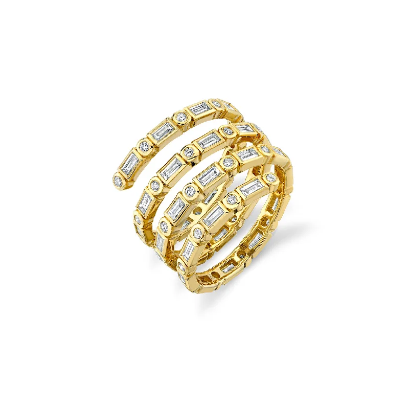 diamond rings for women -Gold & Diamond Baguette Triple Coil Ring