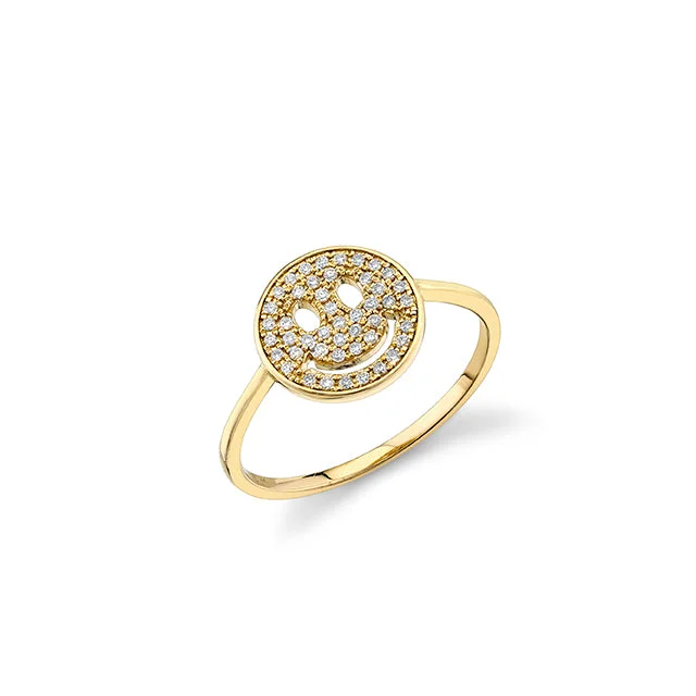 gemstone rings for women -Gold & Pavé Diamond Small Happy Face Ring