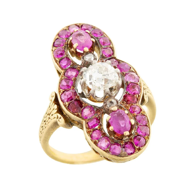 simple rings for women -Georgian French 18k Ruby and Diamond Navette Ring