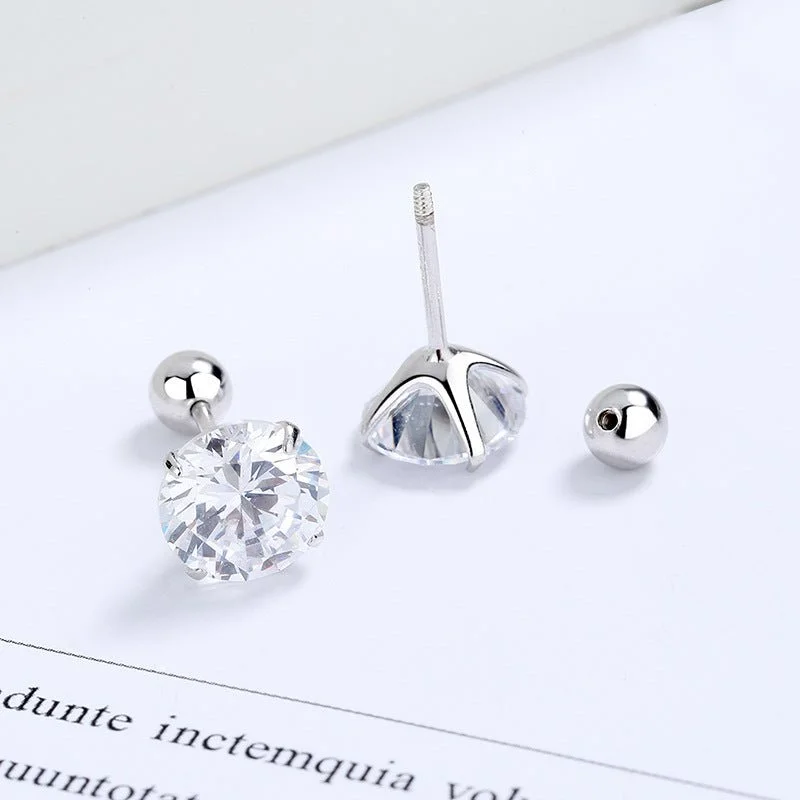 luxury earrings for bridal wear -Sterling Silver and Zircon Four-claw Stud Earrings with Screw Backs