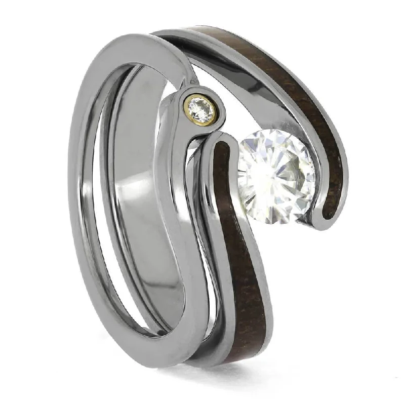 silver rings for women -Moissanite and Koa Wedding Ring Set