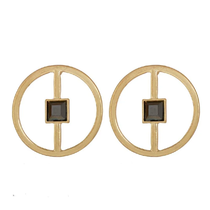 statement drop earrings -Frosty Wind Geometric Gold Circle Stud Earrings with Square Gemstone