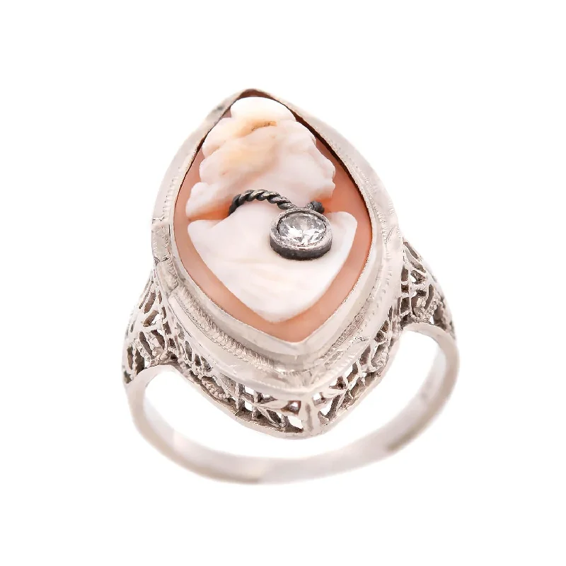 trendy rings for women -Art Deco 14K and Diamond Shell Cameo Ring