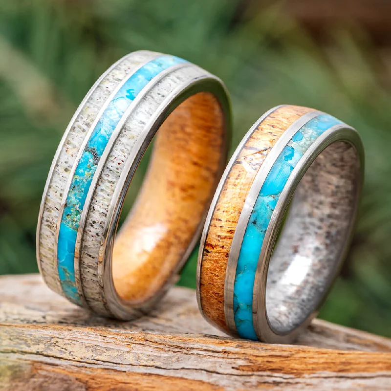 vintage rings for women -Turquoise Wedding Ring Set with Antler and Wood