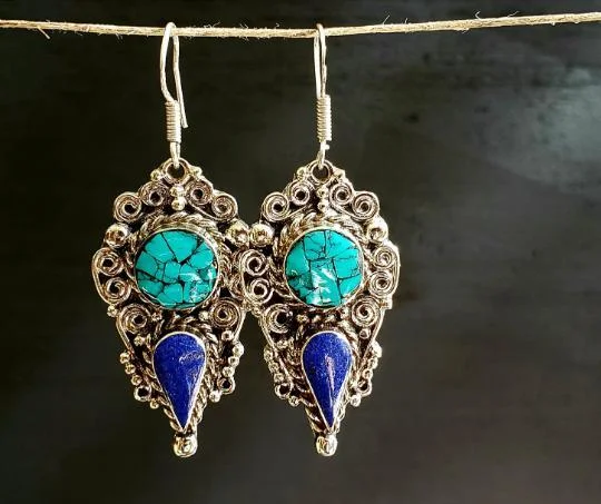 dangle earrings for women -Tibetan Turquoise Lapis Earrings