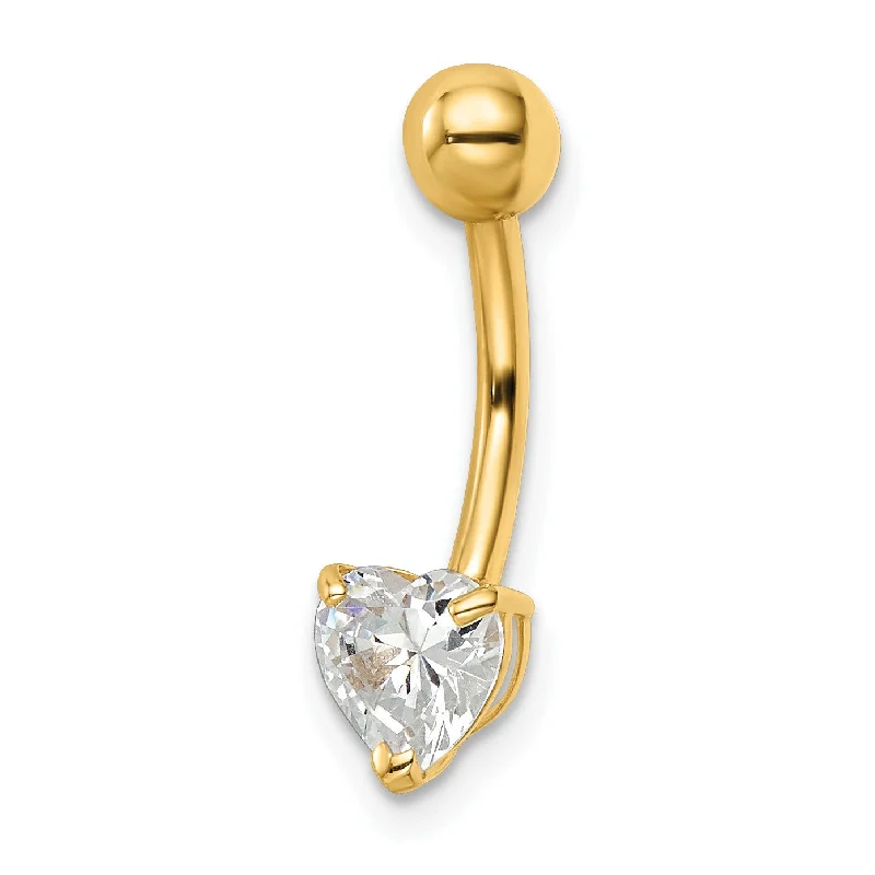 polished gold rings for women -14KT Yellow Gold Cubic Zirconia 21X6MM Heart Belly Ring