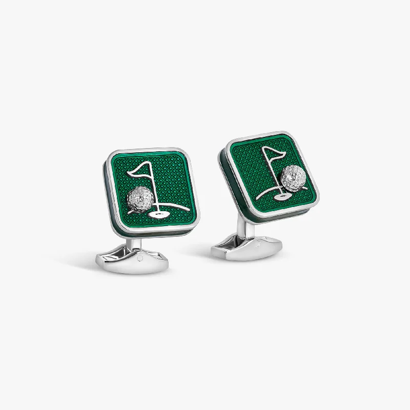 romantic bracelets for her -Sports Ice Golf Cufflinks in Palladium Plated with Green Enamel