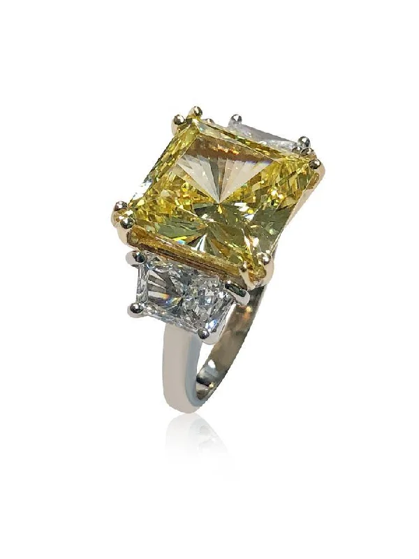 gold wedding rings -6 Carat Canary Princess Cut and Trapezoids CZ 3 Stone Ring in Two Tone