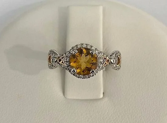 gemstone rings for women -18kt White and Rose Gold Citrine and Diamond Halo Ring