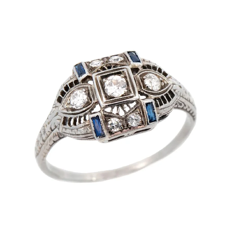 cocktail rings for women -Art Deco 18k Diamond and Sapphire Filigree Ring