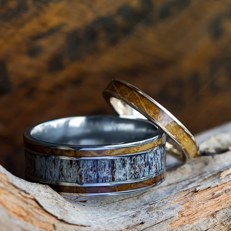 simple rings for women -Whiskey Barrel Wood and Antler Ring Set