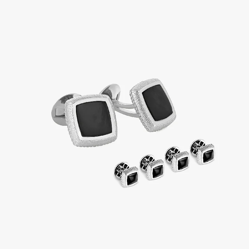 anniversary bracelets for women -Graffiato Square Cufflinks & Dress Shirt Studs In Rhodium & Onyx