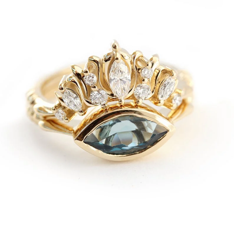 romantic rings for women -East West Marquise Bezel Set Blue Topaz - Unique Bridal Two ring Set -  "Illuminati"