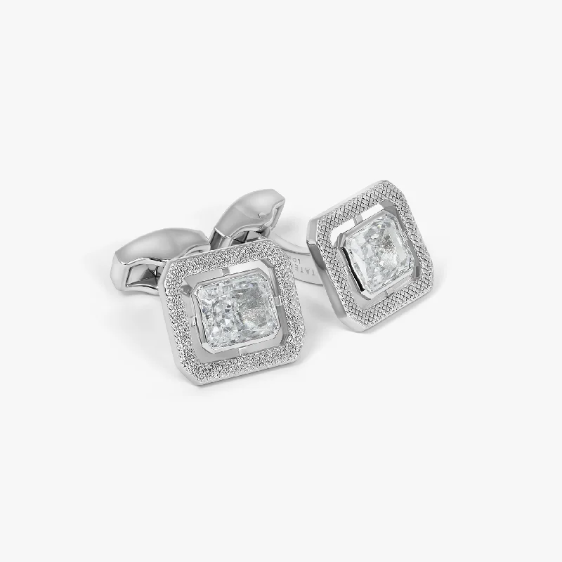 pearl bracelets for women -Halo Rectangular Cufflinks in Rhodium Plated with Clear Cubic Zirconia