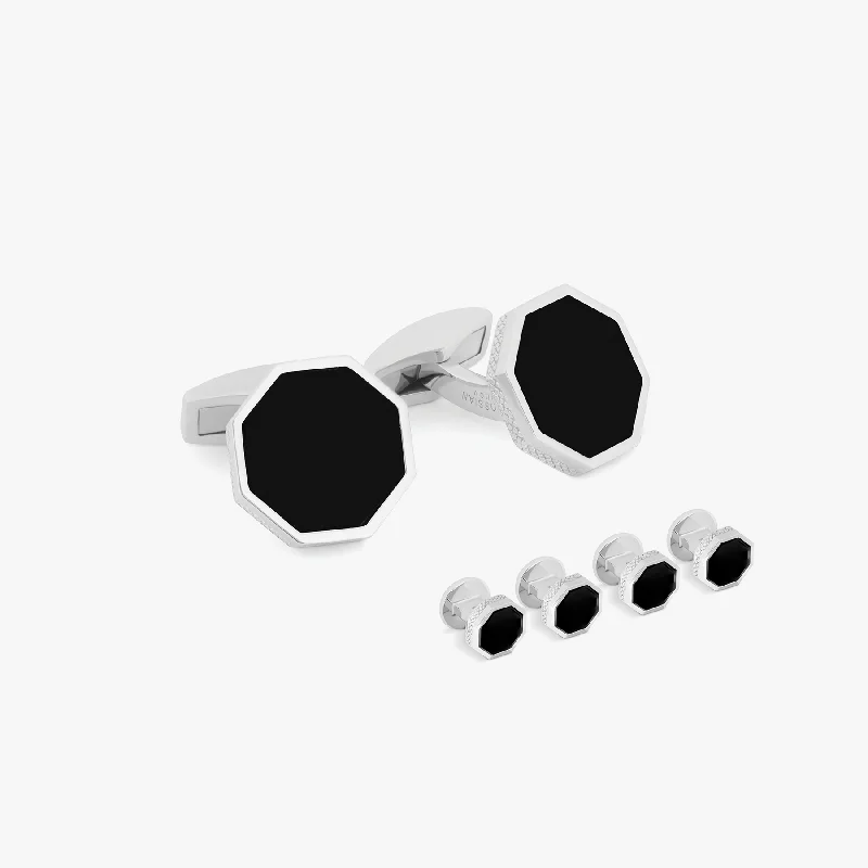 round bangles for women -London Eye Cufflinks and Studs Set In Black Onyx With Rhodium Silver   