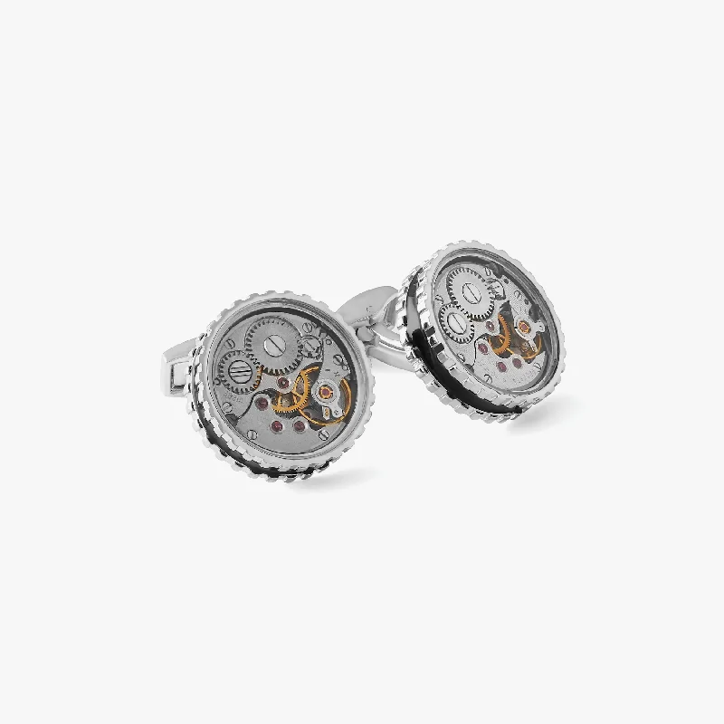 chic bangles for women -Round Skeleton Gear static cufflinks with black enamel in Palladium Plated