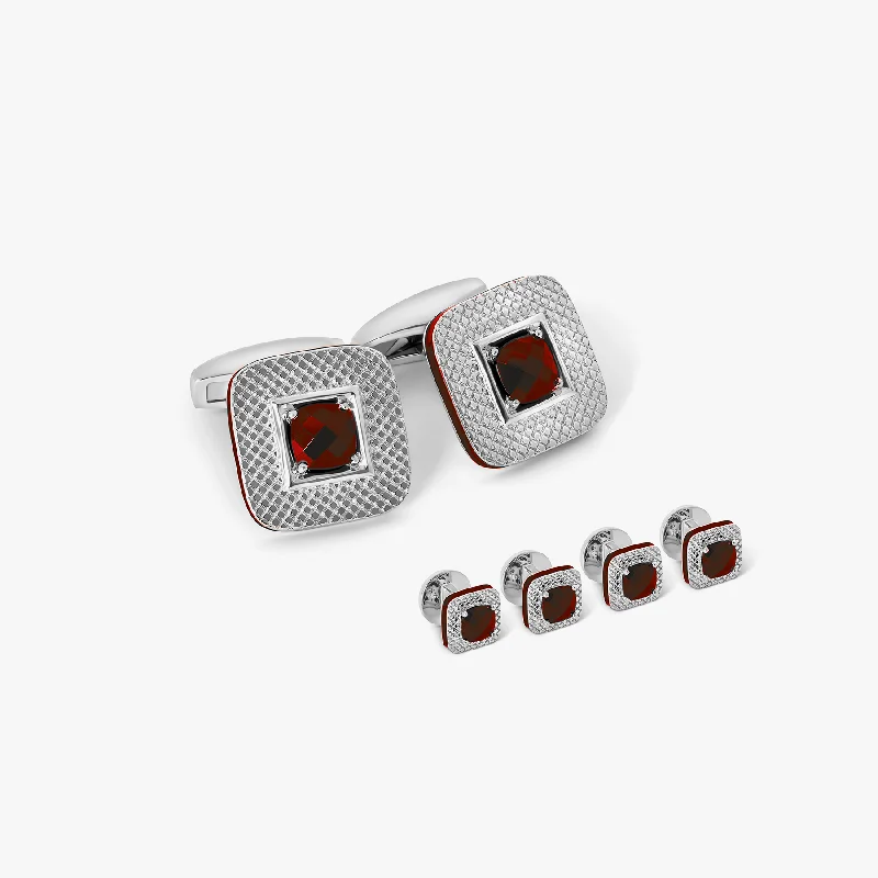 romantic bangles for women -Refratto Cufflink and Shirt Studs in Rhodium Plated Silver with Red Garnet