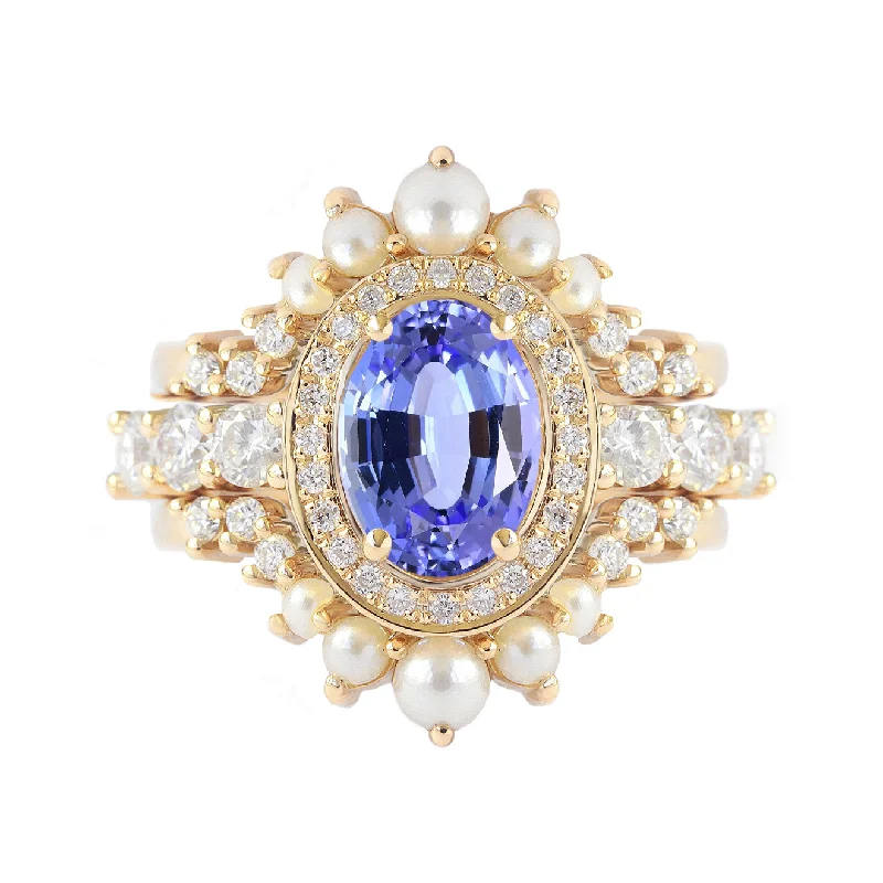 anniversary rings for women -Oval Tanzanite, Diamond and Pearls, Wedding Three Rings Set, Scarlett ♥