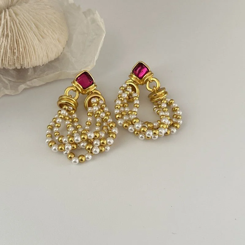 artistic earrings for women -Rhinestone and Pearl Tassel Earrings