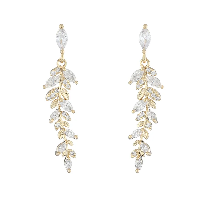 minimalistic earrings for women -Micro-set Zirconia 14k Gold Plated Leaf Drop Earrings