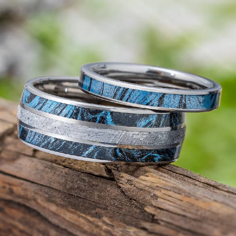 luxury gemstone engagement rings -His & Hers Blue Ring Set with Meteorite and Mokume