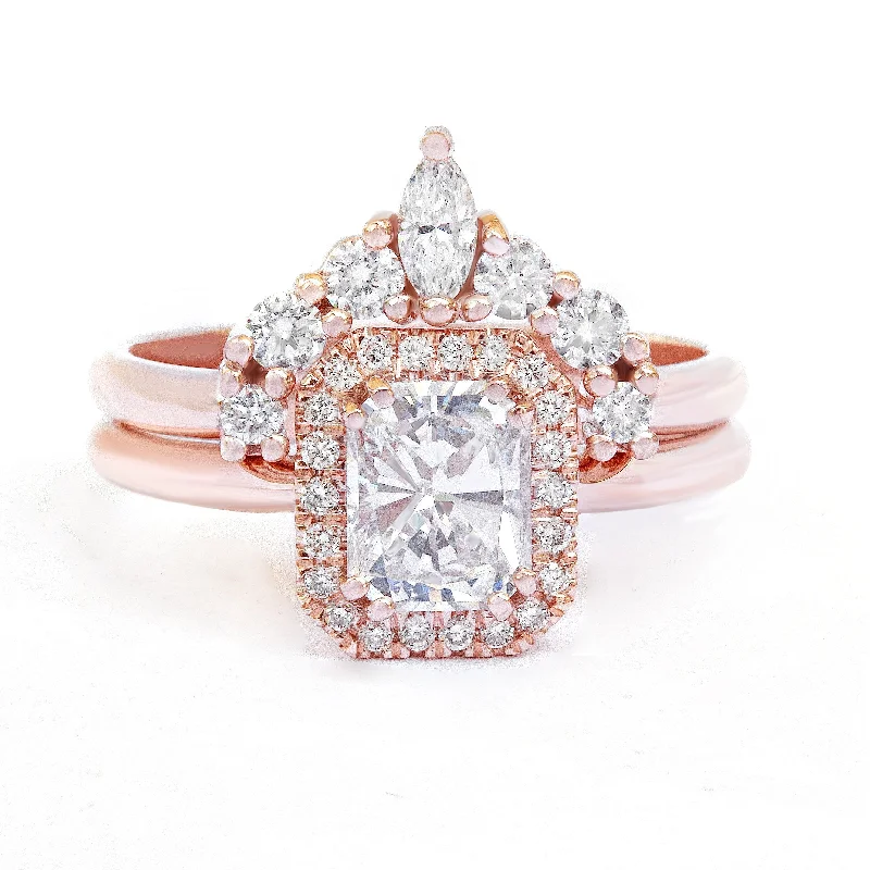 promise rings for women -Radiant Cut Halo Diamond Two Rings Wedding Set - "Radiant soul"