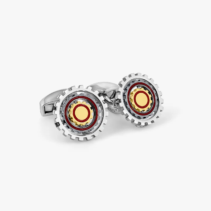 boho chic bangles -Orbit Gear Cufflinks in Palladium & Red Enamel