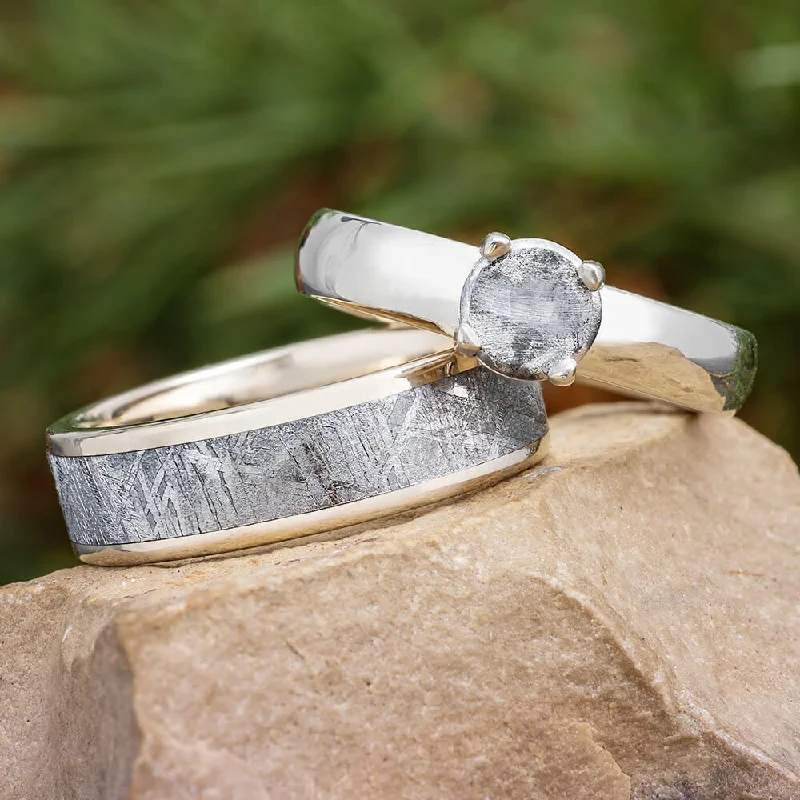 gold plated rings for women -Solid White Gold Meteorite Wedding Ring Set