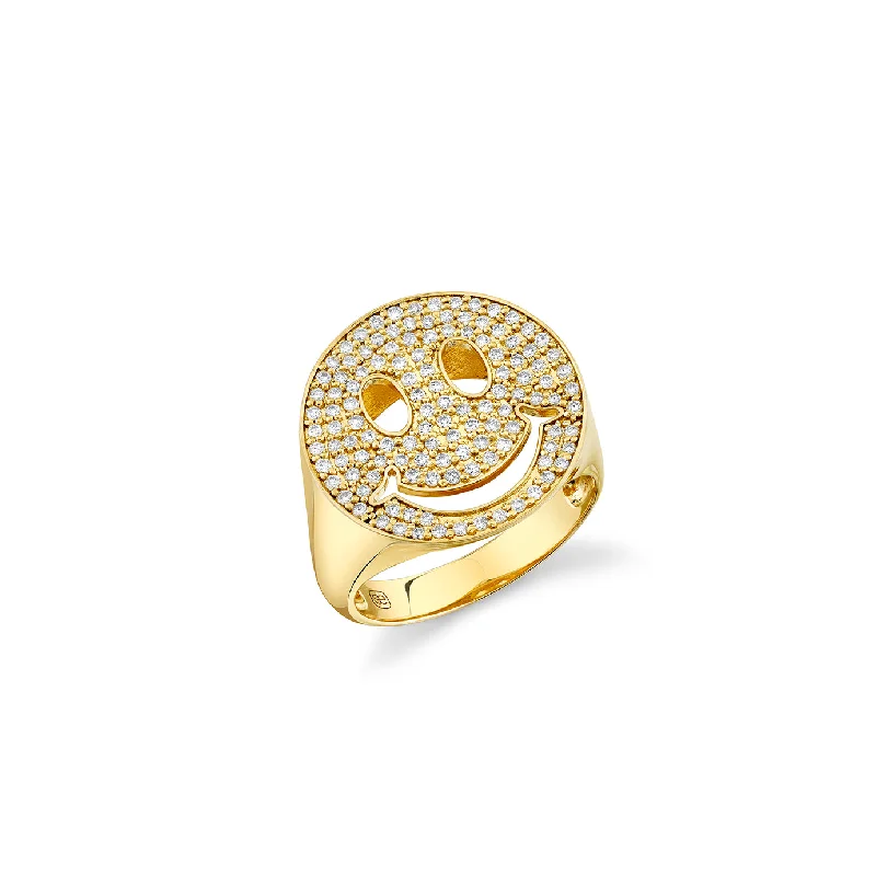 gemstone cocktail rings -Gold & Diamond Large Happy Face Signet Ring