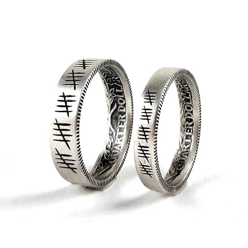 stackable rings for women -90% Silver Engraved 25 Tally Mark His & Hers Quarter Ring Set - 25th Anniversary Gift