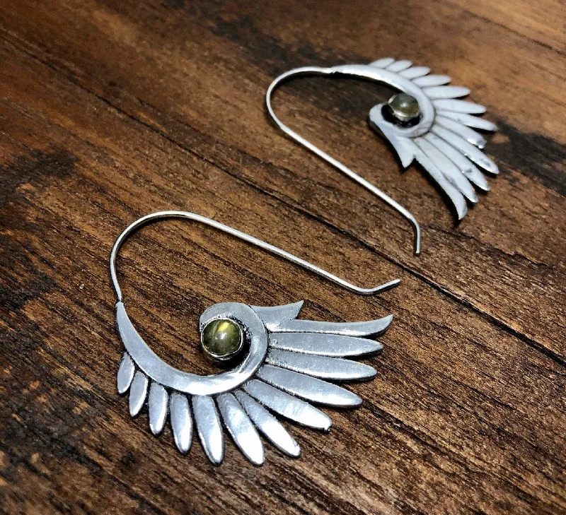 statement earrings for women -Labradorite Wing Feather Earrings