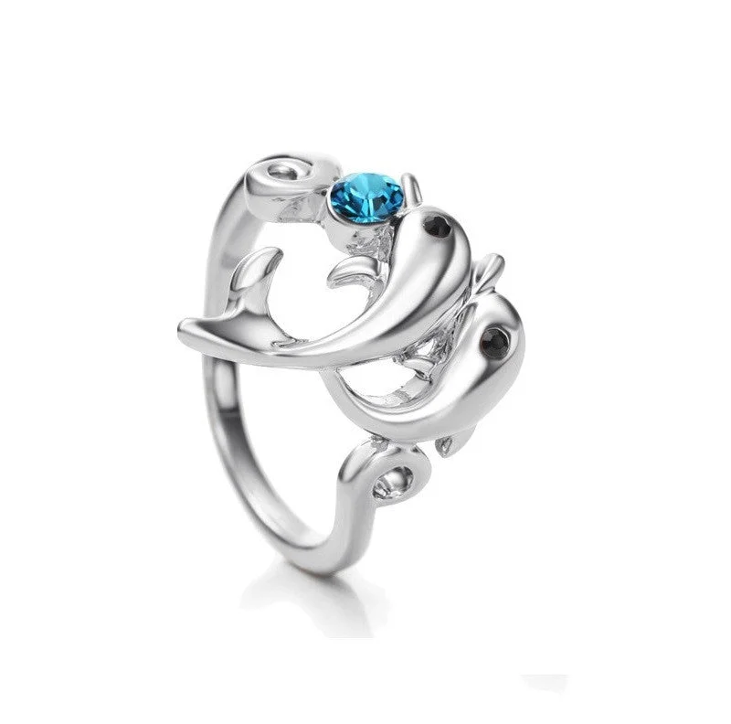 artistic rings for women -Silver Plated Austrian Rhinestone Dolphin Ring