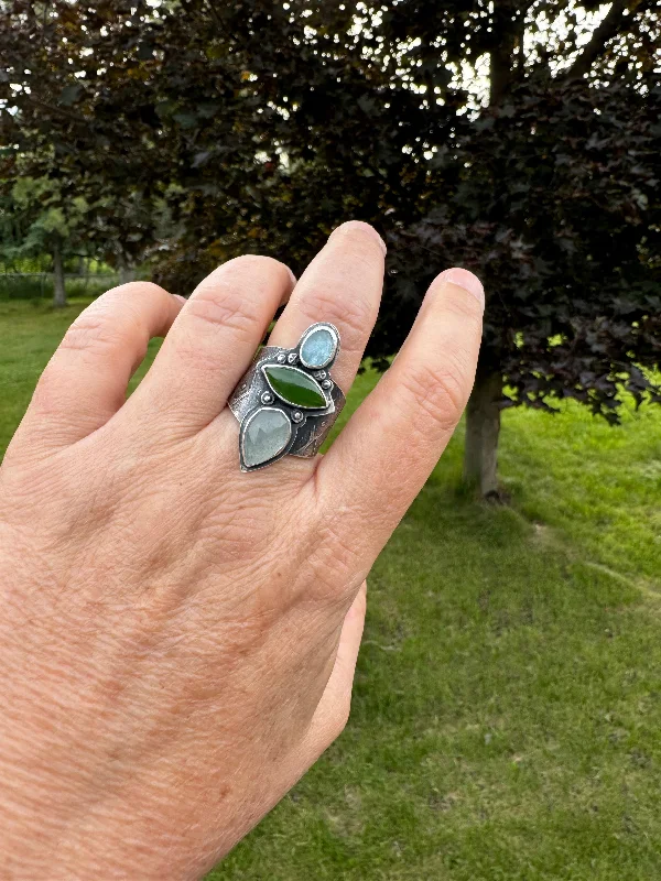 cluster rings for women -Statement Ring With Aquamarine and Montana Jade - size 9.5