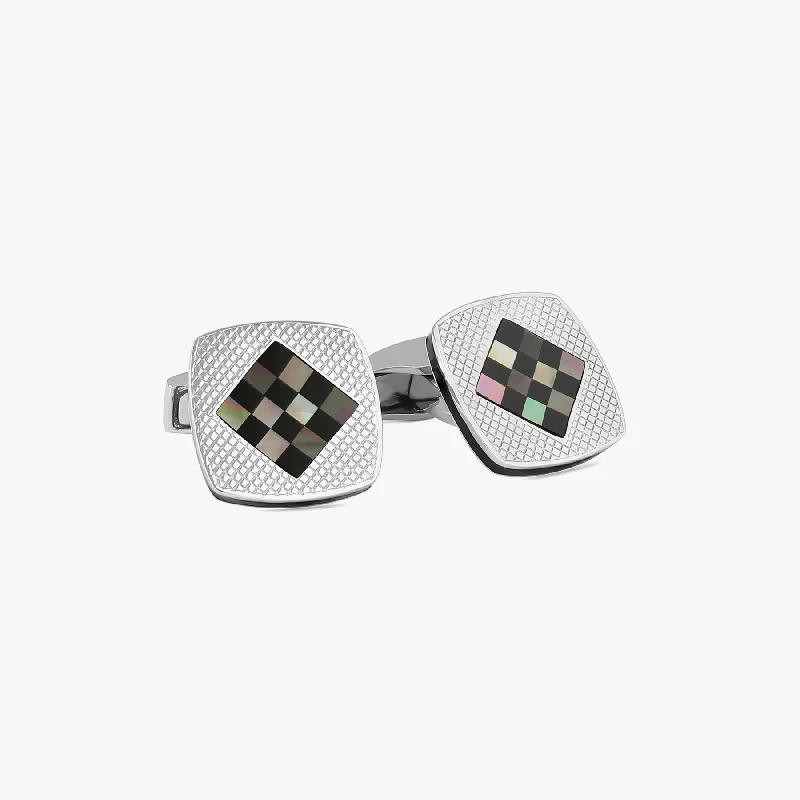 luxury silver bangles -Chequer Cufflinks In Rhodium Plated Silver with Black MOP & Onyx