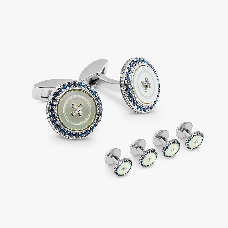 stylish leather bracelets -Precious Button cufflink stud set with white mother of pearl and sapphires