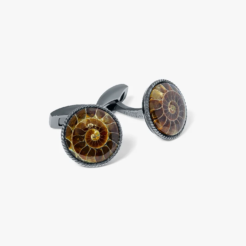 stackable bracelets for women -Cable Cufflinks In Black Rhodium Plated Silver with Ammonite Fossil