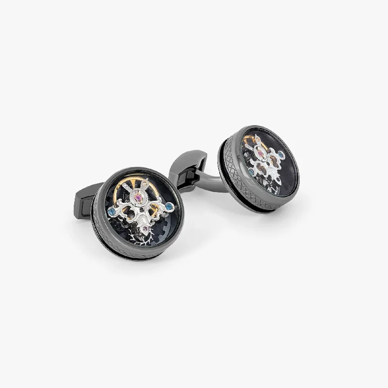 fashion bangles for weddings -Single Tourbillon Gear Cufflinks in Gunmetal and Black Enamel