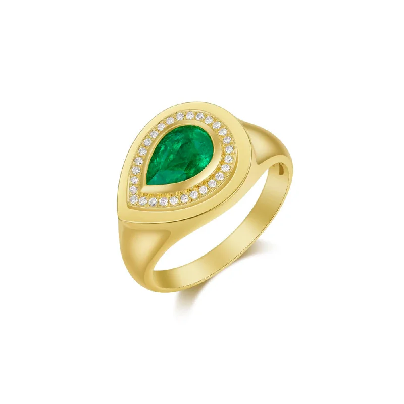 silver rings for women -14K Yellow Gold and Diamond Emerald Pearl Shape Ring