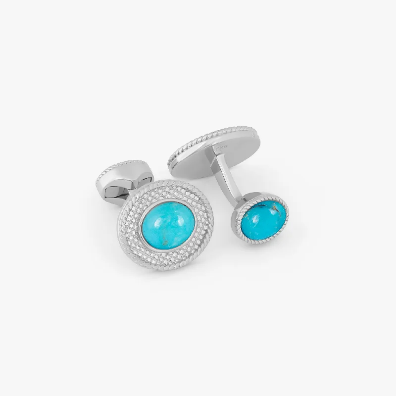 vintage gold bracelets for women -Cable Oval Cufflinks in Rhodium Plated Silver and Turquoise